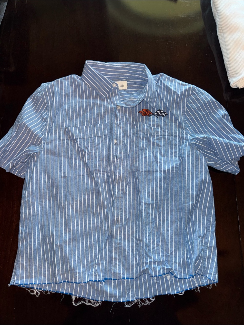 Hollister Blue and White Vertical Stripe Short-Sleeve Button Shirt